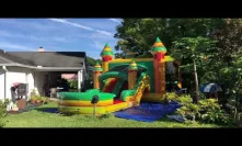Deliver a bounce house combo and two waterslides on Saturday morning