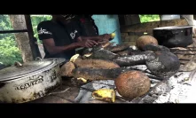 Roast yam, roast breadfruit, and roast saltfish in Jamaica