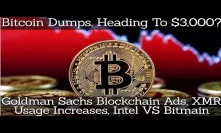 Bitcoin Dumps, Heading To $3,000? Goldman Sachs Blockchain Ads, XMR Adoption, Intel VS Bitmain